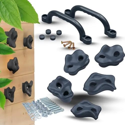 Spielturmking® Klettergriffe Kinder Set: 5 Klettersteine Kinder in Grau, 2 Haltegriffe, Kletterwand Zubehör - Klettersteine Grau für Indoor & Outdoor Kletterspaß & Spielturm Zubehör