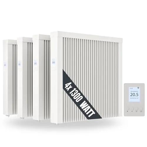eVARMO 4er-Set Areo Smart elektrische Heizung mit Schamottekern - Effiziente Heizleistung mit aufeinander abgestimmtem Schamottekern für gleichmäßige Wärme. Die flexible Steuerung über App und LCD-Display macht das Heizen einfach und komfortabel. Ideal für verschiedene Räume und Heizbedürfnisse.