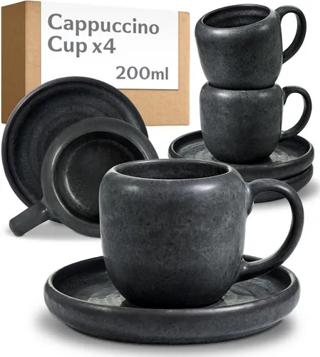 Cosumy 4er Cappuccino Tassen Set Schwarz – Elegante 200 ml Keramiktassen mit Untertassen