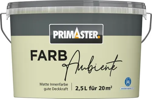 Primaster Farbambiente Wandfarbe matt matcha 2,5 L - Hochwertige Wandfarbe in eleganten Matcha-Grün, ideal für kreative Innenraumgestaltungen. Mit 2,5 L ausreichend für mehrere Anwendungen, bietet sie ein mattes Finish für ein harmonisches Raumklima.