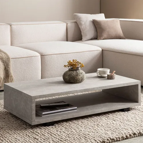 FINEBUY Couchtisch FB59782 - Moderner Wohnzimmertisch in schicker Steinoptik (100x50x25 cm) mit praktischem Stauraum, ideal für stilvolle Wohnzimmer.