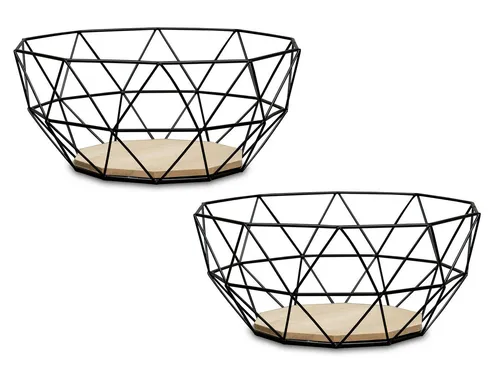 Levandeo® Dekoschale, 2er Set Korb Metall Schwarz 26x12cm Modern Holz MDF Braun Schüssel