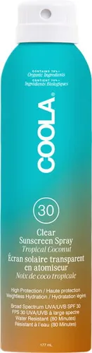 Coola Tropical Coconut Classic Sunscreen Spray SPF 30 - 177 ml - Sonnenschutzmittel mit innovativer Technologie, angereichert mit Himbeersamenöl und Kaktusfeigenextrakt für intensive Pflege und Antioxidantien. Leichte Textur und angenehmer Duft sorgen für ein tolles Sommergefühl!