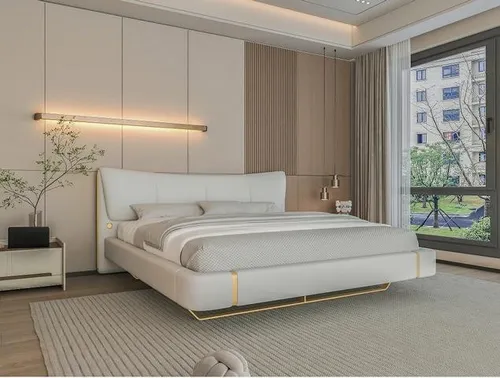 Modernes Edelstahlbett für stilvolle Schlafzimmer - Elegantes Bett aus Holzwerkstoff, 180 x 200 cm Liegefläche, ideal für modernes Wohnen. Breite: 225 cm, Höhe: 100 cm, in Weiß. Perfekt für jeden Schlafraum.