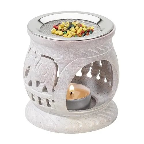 RÄUCHERSTÖVCHEN AUS SPECKSTEIN MIT SIEB Ø 8 cm HÖHE 8,5 cm – Handgefertigtes RÄUCHERGEFÄSS mit Edelstahl-Einsatz – Für TEELICHT (Nicht enthalten) – Zum sanften Räuchern von WEIHRAUCH & KRÄUTERN