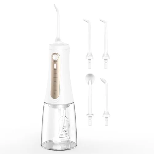 Munddusche Kabellos,Water Flosser für die Zahnreinigung,5 Modi & 4 Jet Tips USB-C Wiederaufladbar IPX7 Wasserdichtes Wasser Dental Picks für Zuhause Reisen (Weiß)