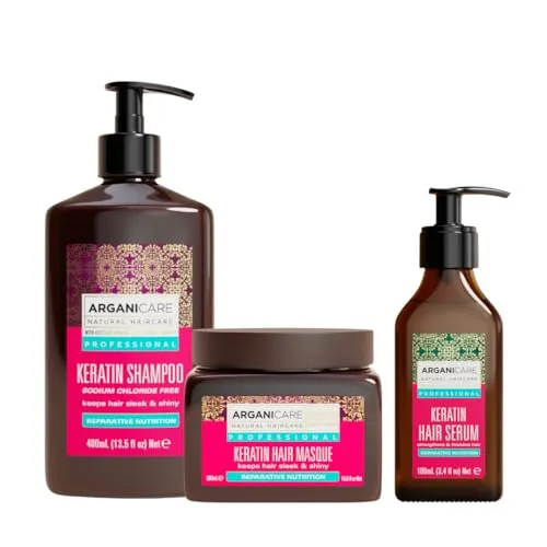 ARGANICARE Set Keratin Shampoo 400 ml + Maske 500 ml + Serum 100 ml – intensive Regeneration, hilft Spliss zu verhindern, weiches und glänzendes Haar, hergestellt in Frankreich