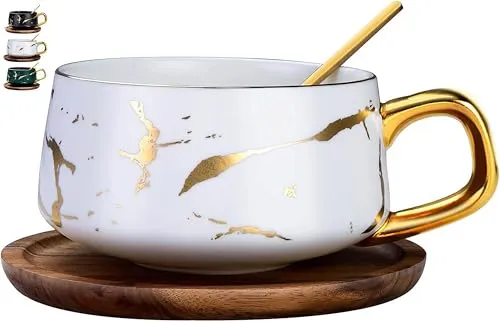 Espressotassen, 300 ml Cappuccino Tassen Set, Tasse Marmor, Marmor Kaffeetasse mit Untertasse, Porzellan, 1 Tasse, 1 Untertasse, 1 Löffel, Weiß