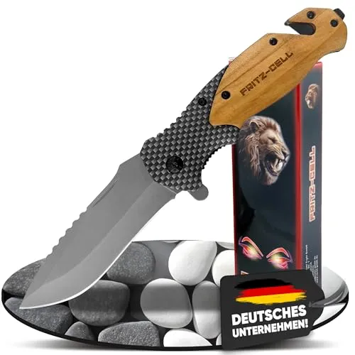 fritz-cell Klappmesser Zweihandmesser Survival Taschenmesser Outdoor Messer Holz S81 mit Glasbrecher und Gurtschneider