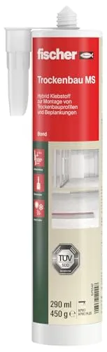 fischer Hybrid-Klebstoff Trockenbau MS, elastischer Kleber für schraubenlose Montage, geeignet für Gipskartonplatten, Beton, Holz, Estrich und mehr, geruchlos und lösemittelfrei, 290 ml Kartusche