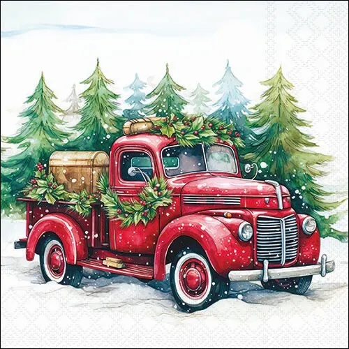 Servietten Van in the Snow Auto Truck Winterwald Weihnachten rot Deko 33x33cm 20