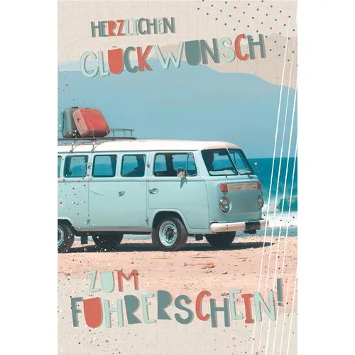 Führerschein - Glückwunschkarte im Format 11,5 x 17 cm mit Umschlag - VW Bus am