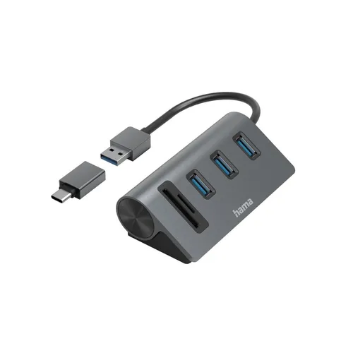 Hama USB-Hub Kartenleser - 5 Ports, 3x USB-A, SD microSD, Super-Speed-Datenübertragung bis zu 5 Gbit/s, robustes Aluminiumgehäuse und USB-C-Adapter für flexible Anschlussmöglichkeiten