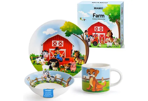 MiaMio Kindergeschirr-Set 3er-Set aus Porzellan - Kindergeschirr für gesunde Essgewohnheiten, bestehend aus Teller, Schüssel und Tasse mit kinderfreundlichen Illustrationen. Ideal für kleine Hände und sichere Mahlzeiten!