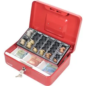 HMF Geldkassette 10022 03, mit Zylinderschloss, 25x9x19 cm, rot, mit Zählbrett und Scheinfach