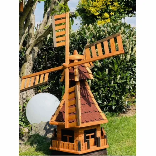 DARLUX Sechseck Garten-Windmühle XXL aus Holz kugelgelagert Braun/Rot H-120 cm