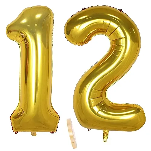 Folienballon Zahl Deko Gold 12 für Mädchen Junge Jungs,XXL 100cm Riesen Nummer Aufblasbar Helium Ballon Figuren Zahlen Luftballons für 12. Jahre Kinder Geburtstag Hochzeit Jubiläum Party Dekoration