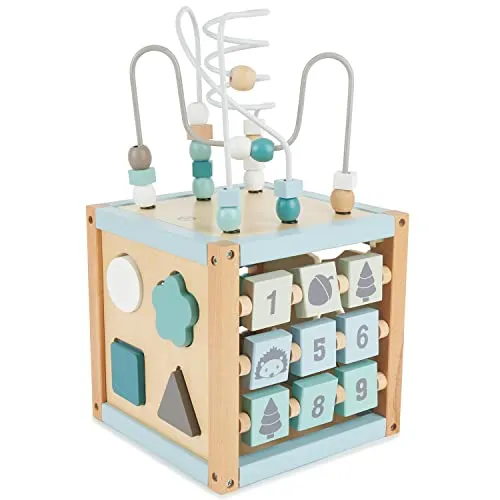 BIECO Motorikschleife Motorikwürfel - Lernspielzeug aus Holz für Babys - Motorikschleifen, fördert die motorischen Fähigkeiten und die Hand-Augen-Koordination, ideal für Kinder ab 12 Monaten.