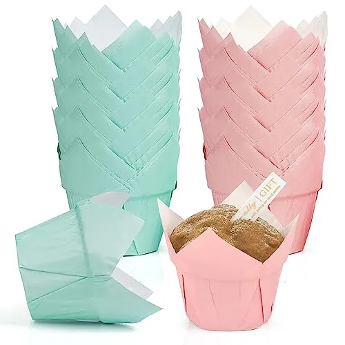 Muffinform Papier, 100 Stück Mini Muffins Papierförmchen Tulpen Muffinförmchen Papier Grün und Rot Einweg Fettdicht Cupcake Förmchen Backbecher für Hochzeit Geburtstag Party