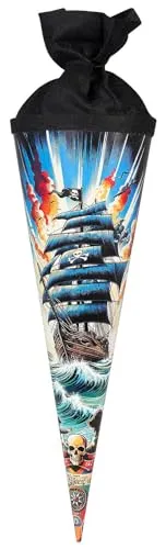 goldbuch 93 159 Geschwistertüte Piratensturm, Schultüte mit Piraten-Motiv, Lackkarton, Geschenkverpackung mit schwarzem Filzverschluss (ohne Verschlussband), Zuckertüte rund, Länge 35 cm, Ø 11,5 cm