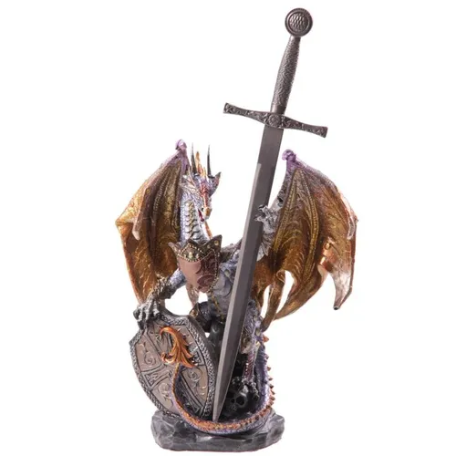 Dark Legends Feuerdrache Figur mit Schild und Schwert Harz Drachenstatue 27 cm F