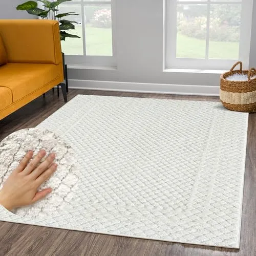 payé Teppich Wohnzimmer Hochflor - 80x150cm - Einfarbig - Pastell Creme - Boho - Modern Raute Muster- Skandinavisch Flauschig Weich - Schlafzimmer