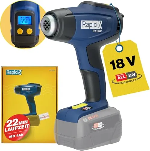 Rapid RX1000 Akku-Heißluftpistole – 18V Heißluftgebläse mit LCD-Display - Heißluftpistole für vielseitige Anwendungen wie Schrumpfen, Formen und Entfernen von Etiketten; präzise Temperaturkontrolle bis 550°C für optimale Ergebnisse.