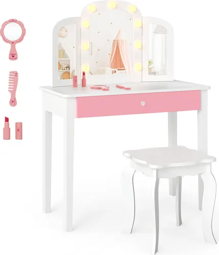 COSTWAY Kinderschminktisch mit Stuhl & LED-Spiegel für Mädchen - Vielseitiger Schminktisch für Kinder von 3-12 Jahren mit abnehmbarem Spiegel und dreifarbiger LED-Beleuchtung. Sicher und stabil mit Kippschutz, ideal für kreatives Spielen und Aufbewahrung von Kosmetik und Spielzeug.