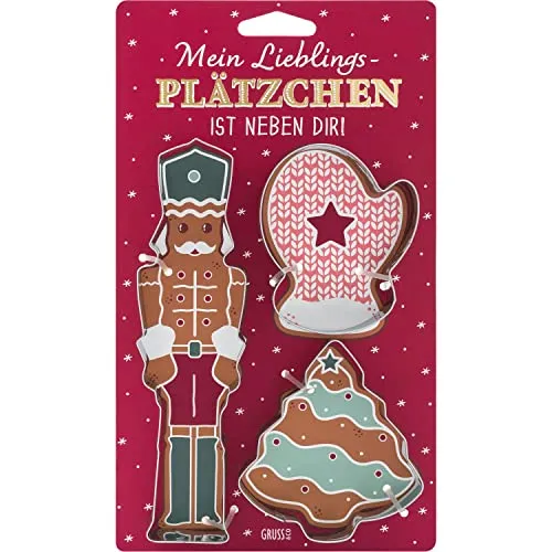 Ausstecher-Set Motiv Plätzchen: Keksausstecher-Set bestehend aus Nussknacker, Handschuh und Weihnachtsbaum, mit Plätzchen-Rezept auf der Rückseite