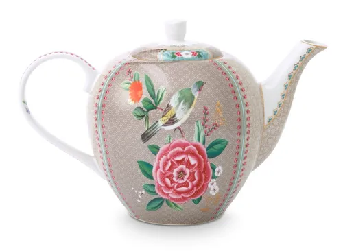 PiP Studio Teekanne Blushing Birds 1,6 l - Khaki - Teekocher mit einzigartigem Design, filigranen Blüten und Vögeln. Hochwertiges Porzellan für unvergessliche Teemomente und stilvolle Tischdekoration.