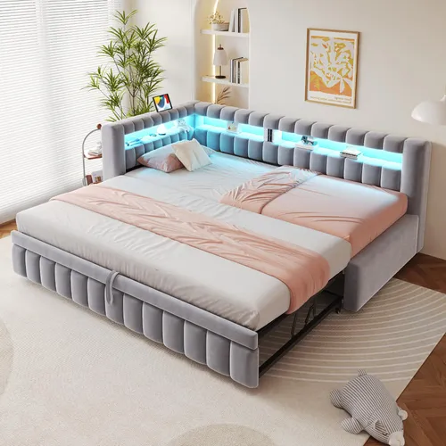 Polsterbett Ausziehbares Schlafsofa 90x200 cm mit LED-Beleuchtung und USB-Anschluss