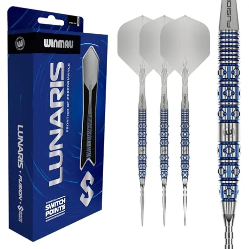 WINMAU Lunaris Darts – Profi-Darts 90 % Wolfram Dartpfeile | Blau & Silber Parallel-Barrels | Switch Point Technologie | 2 austauschbare Spitzen | Fusion Kurzschäfte & Flights | 22/23/24/25g Darts