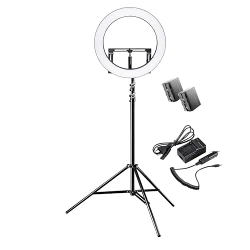 Walimex pro dimmbares LED Ringlicht 32W mit Lampenstativ & 2 Akkus I Ringleuchte mit einzeln schaltbaren Sektoren I 500 Bi Color Kameralicht & Selfie Licht I mit Zubehör + Tasche