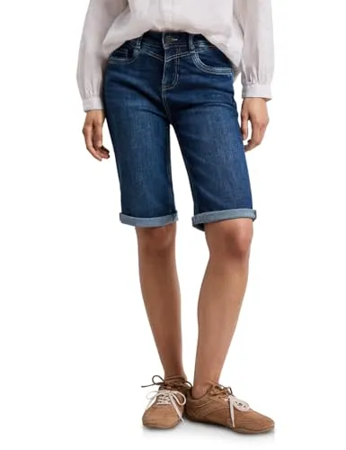 Street One Damen Slim Leg Bermuda mit Turn-Up-Detail - Stylische Jeansshorts in dunkelblauer Waschung mit lässigem Casual Fit. Der bequeme Baumwollmix mit Stretch sorgt für optimalen Tragekomfort und Bewegungsfreiheit.