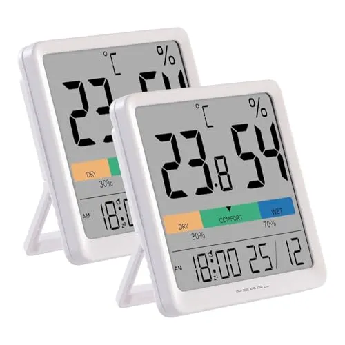 PEARL Kalendertemperaturuhr: 2er-Set Thermo- und Hygrometer, Komfort-Anzeige, Uhrzeit und Wecker (Digitale Hygro-Thermometer, Raumklima-Messgerät mit Uhr)