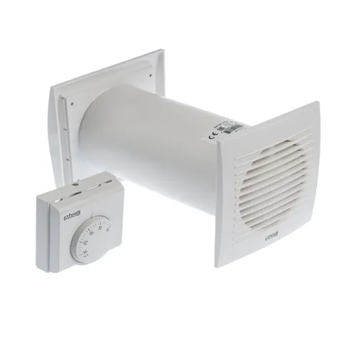 Ø 125mm Wärmeverteiler Lüfter mit Thermostat - Effizienter Wärmetauscher für optimale Warmluftverteilung, integriertes Thermostat (10-30°C) für präzise Temperaturregelung und leistungsstarker Ventilator für effektive Luftzirkulation.