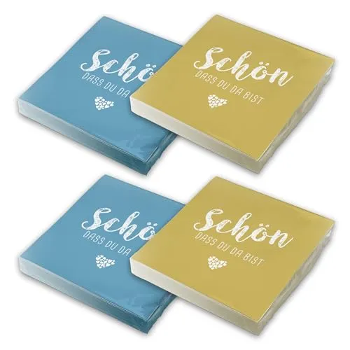 itenga Servietten Schön dass du da bist 30 x 30cm 3-lagig 80 Stück für Kommunion Konfirmation Hochzeit Taufe und andere Feiern (Mix Pack - 40x nordic blue und 40x currygelb)