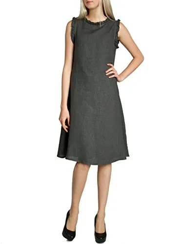 Caspar SKL012 knielanges leichtes Damen Sommer Leinenkleid mit kleinem Wellenkragen, Farbe:dunkelgrau, Größe:L - DE40 UK12 IT44 ES42 US10