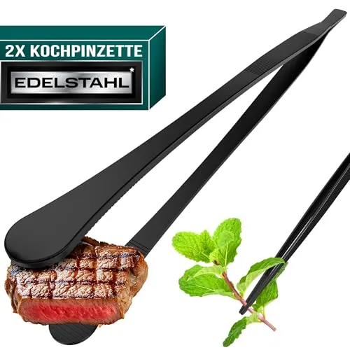 4happy Küchenpinzette Edelstahl, Schwarz, 2 Stück Set