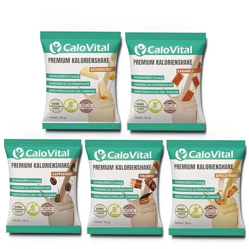 CaloVital Probierpaket - Hochkalorische Trinknahrung für schnelles Zunehmen - Gewichtsmanagement Shakes: 5 verschiedene Geschmacksrichtungen, ideal für gesunde Gewichtszunahme und Muskelaufbau, glutenfrei und ohne Konservierungsstoffe.