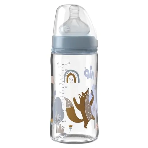 nip – Weithalsflasche Glas | 240ml | Babyflasche mit weichem Silikontrinksauger und Ventil für optimalen Lufteinstrom. Babyflasche aus bruchfestem Glas | Sauglochgröße S, Boy
