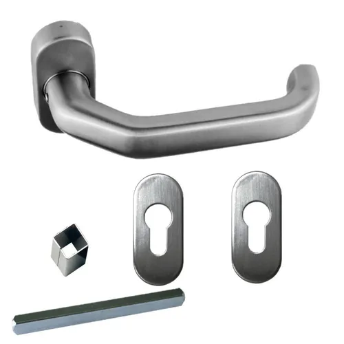 Edelstahl Griff Dreiviertelgarnitur auf Ovalrosette U-Form abgeschrägt kantig
