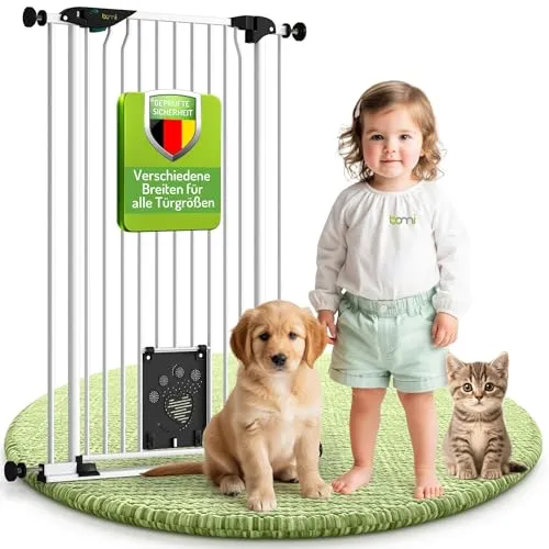 BOMI Türschutzgitter mit Katzenklappe Mira 73-161 cm - Treppenschutzgitter für Haustiere, ohne Bohren montierbar, mit extrabreitem Durchgang und automatischer Türverriegelung für maximale Sicherheit.