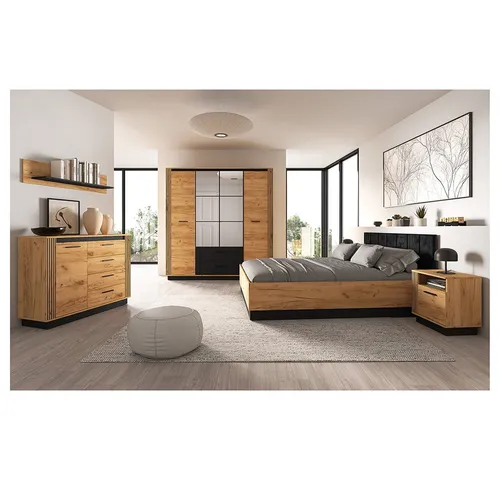 Lomadox Schlafzimmer-Set URBANIA-131, (Spar-Set, 5-tlg., Kleiderschrank Kommode Wandregal Bett Nachttische), Schlafzimmermöbel Komplettset mit Bett 160x200 cm in Eiche mit schwarz