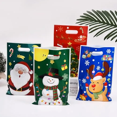 PRECORN 50 Weihnachts-Geschenktüten 25×16cm Nikolaustüten Weihnachtstüten Tüten zum Befüllen (Santa Claus, Schneemann, Tannenbaum & Rentier) Goodie Bags für Adventskalender, Wichteln & Geschenkideen