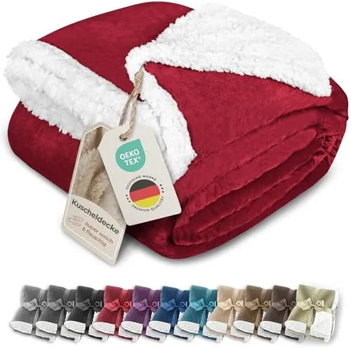 Wohndecke in Lammfell-Optik - Gräfenstayn Kuscheldecke - Bettdecken, warme und flauschige Sherpa Fleecedecke in bordeaux, ideal für gemütliche Abende auf der Couch mit großzügigen Maßen von 220 x 240 cm.