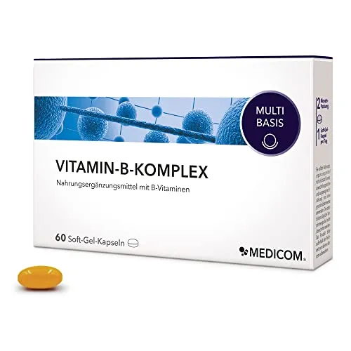 Medicom – Vitamin-B-Komplex-Kapseln, Gesunde Herz-Kreislauf-Funktion, Energie & Nervenstärke, Nahrungsergänzung mit allen acht lebenswichtigen B-Vitaminen wie Folsäure
