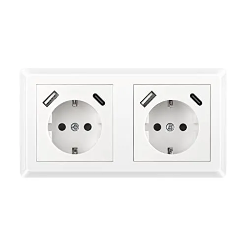 Kaifire Doppelsteckdose mit 2 USB Ladegerät und 2 Typ C, Schuko USB Steckdose Unterputz System 55 Reinweiß Glänzend Passt in Standard 2-fach Unterputzdose, Wandsteckdose für Smartphone Tablet MP3