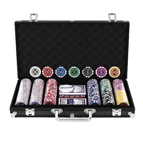 DREAMADE Poker-Set mit 300 Poker Chips, Pokerset Koffer Profi,Pokerkoffer aus Alu, Pokerspiel mit 1 Dealer Button, 5 Würfel und 2 Kartendecks (Schwarz)