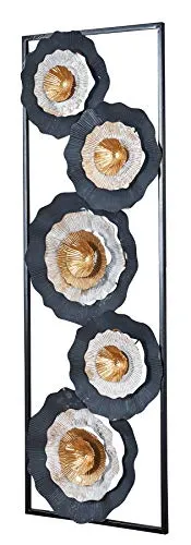 levandeo 3D Wandbild 31x90cm Blume Metall Schwarz Gold Deko Teller Ringe Wandkunst Design Metallbild Wanddeko